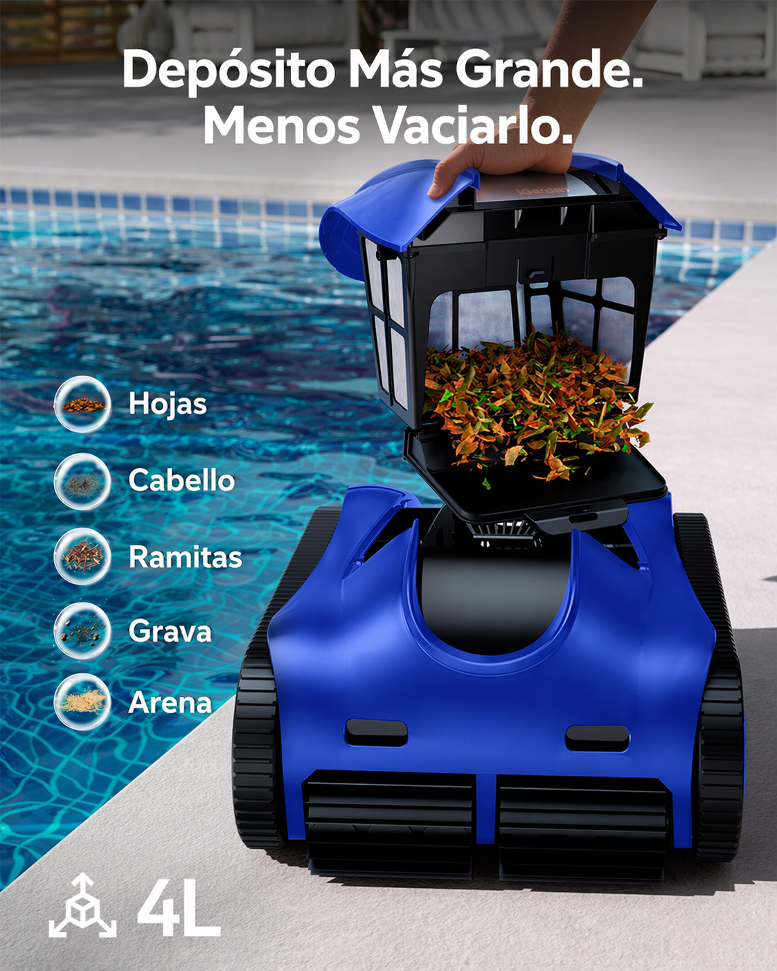 Un limpiafondos azul con un cesto de filtro lleno de hojas, junto a una piscina.