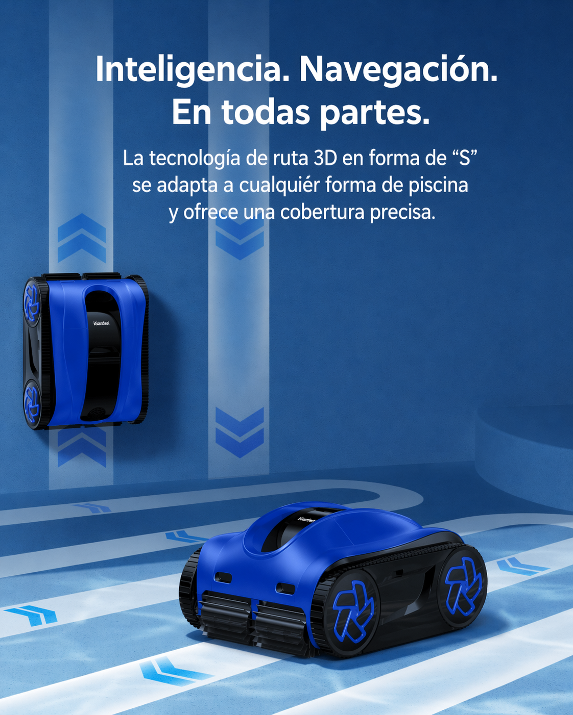 Dos limpiafondos azules con tecnología de ruta 3D en S sobre fondo azul.