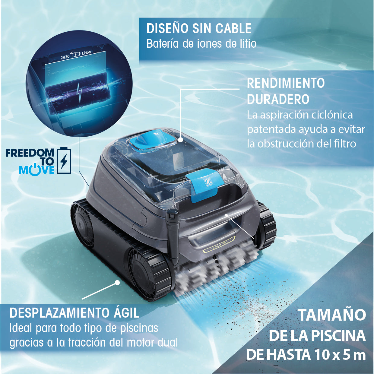 Un limpiafondos inalámbrico con batería de litio limpia el fondo de la piscina.