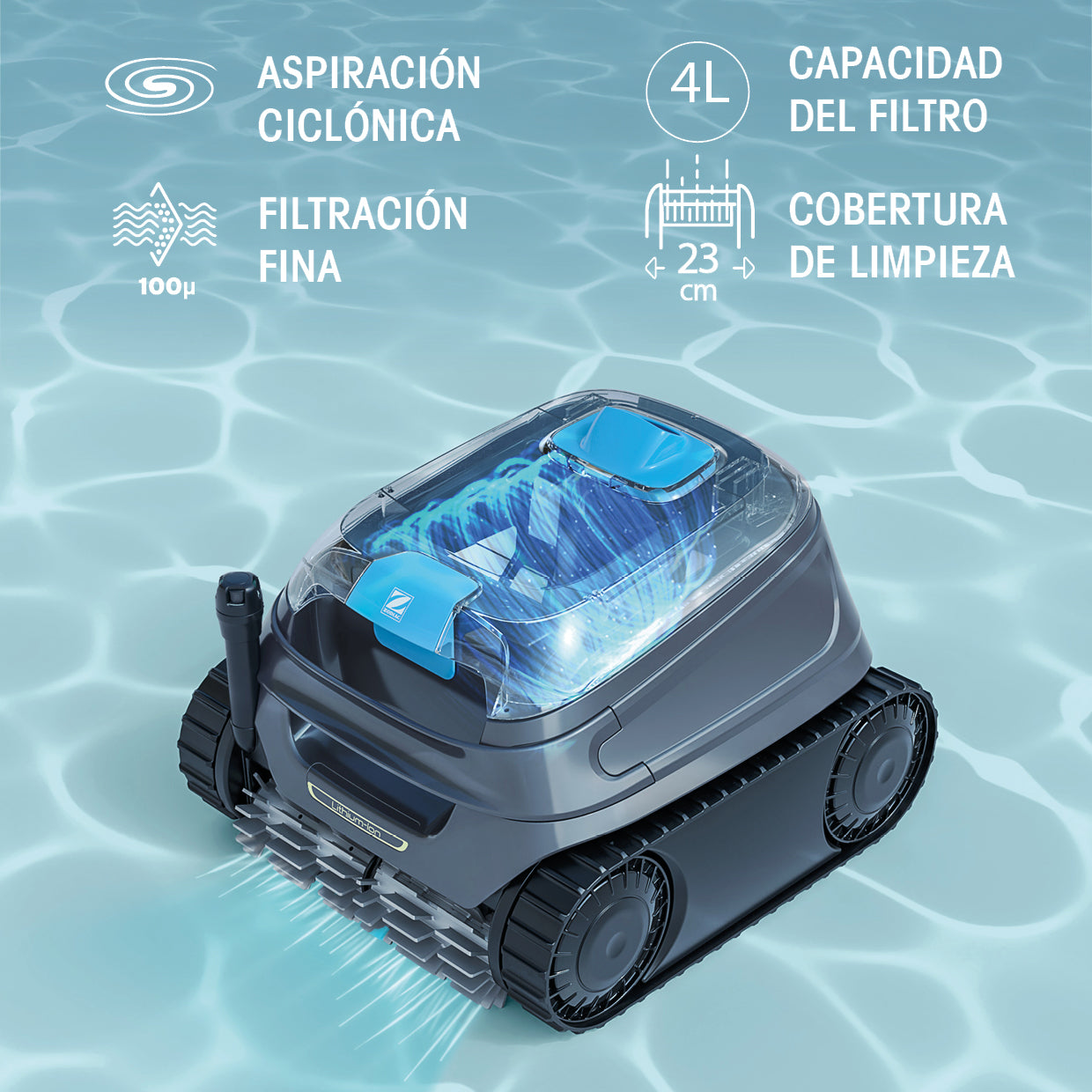 Robot de piscina con succión ciclónica, filtro fino, capacidad 4L y 23cm de ancho.