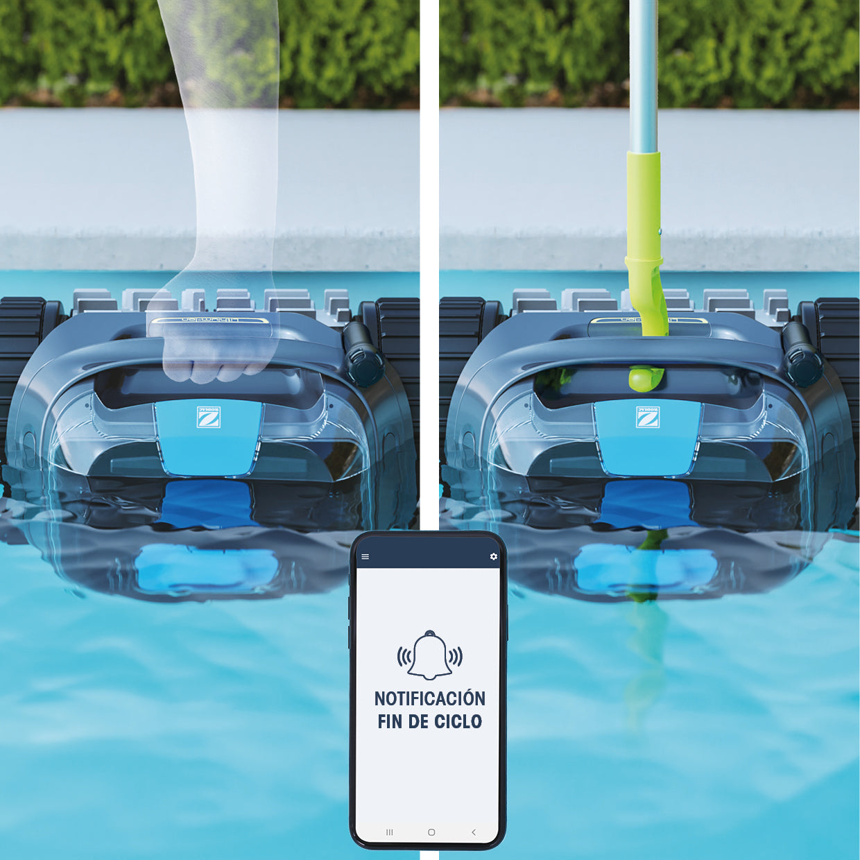 Limpiafondos en agua; mano lo agarra, pértiga desciende sobre él. Teléfono muestra aviso.