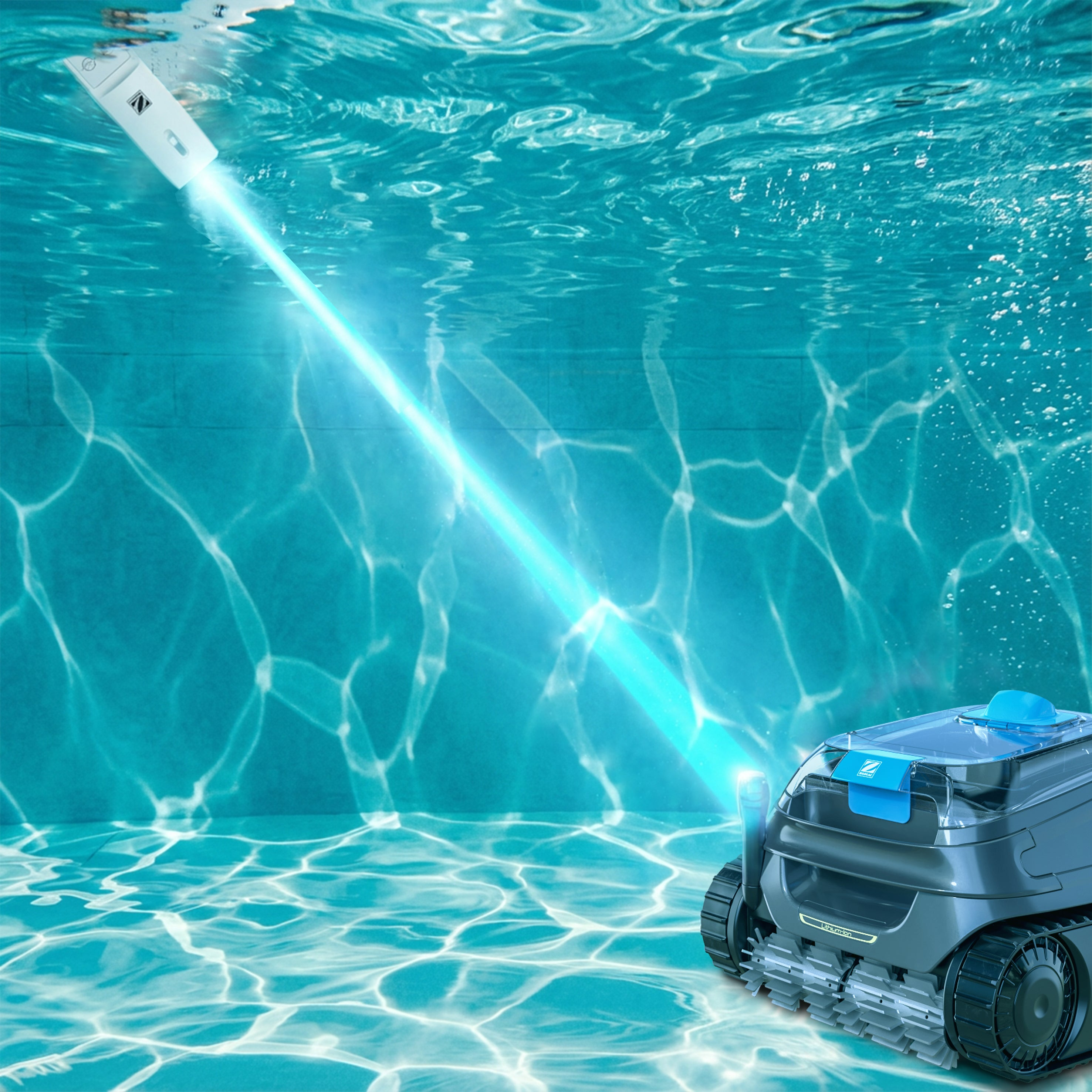 Un robot limpia el fondo de la piscina mientras un dispositivo blanco flota en el agua.