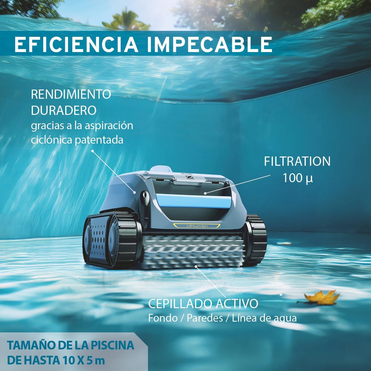 Un limpiafondos con cepillos y ruedas en el agua, con texto sobre eficiencia.