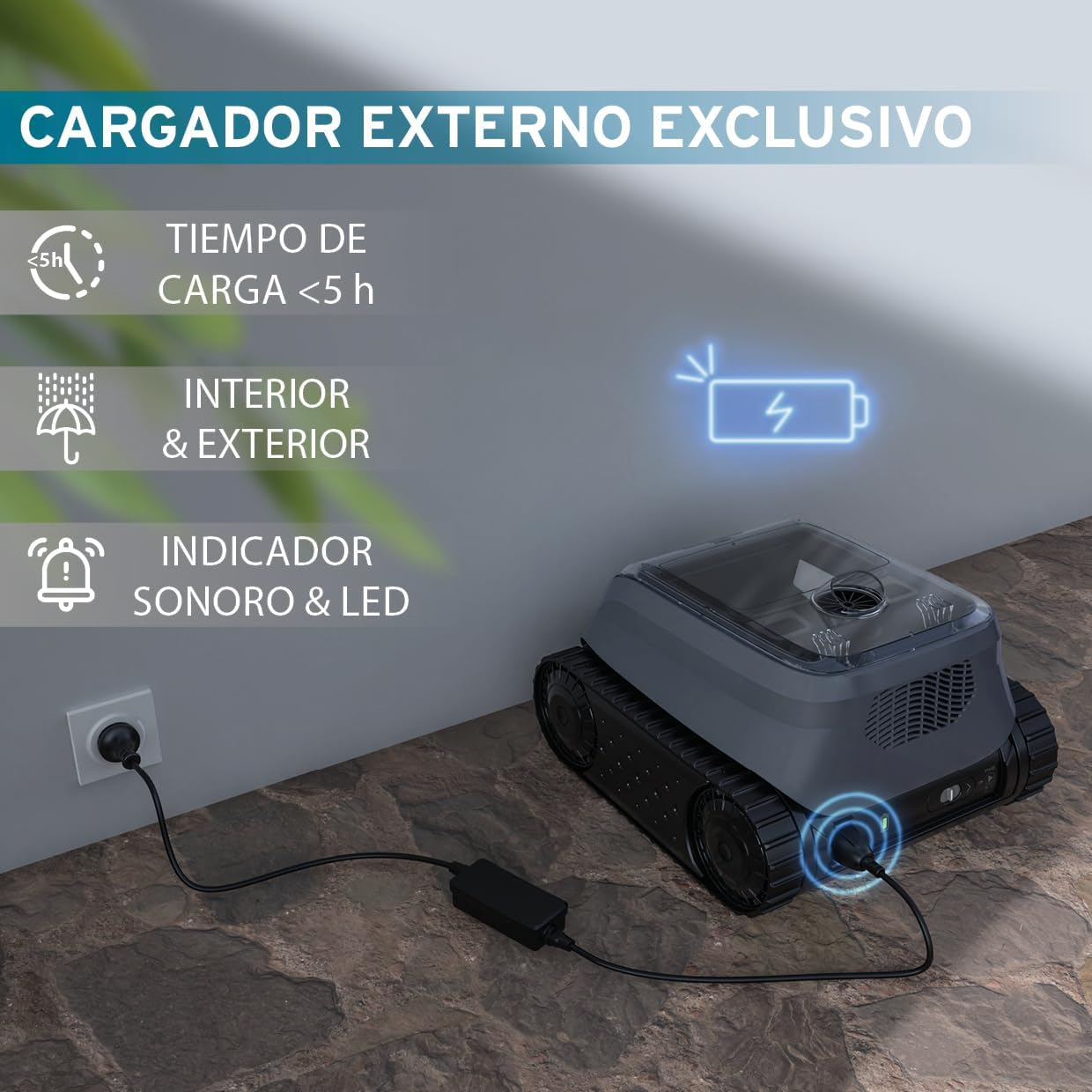 Robot gris cargando por cable. Texto resalta tiempo de carga, uso interior/exterior, LED/sonido.