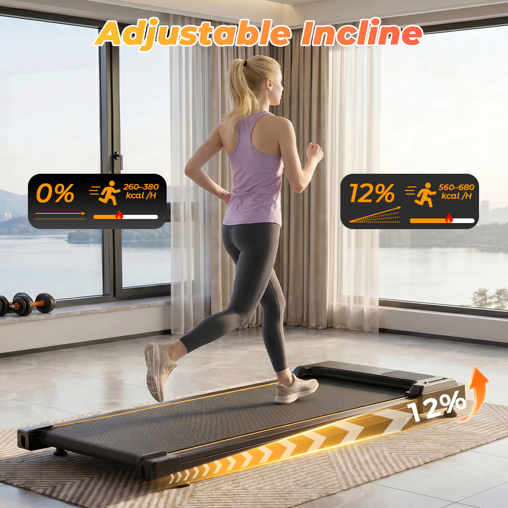 Donna corre su tapis roulant con display pendenza e calorie.