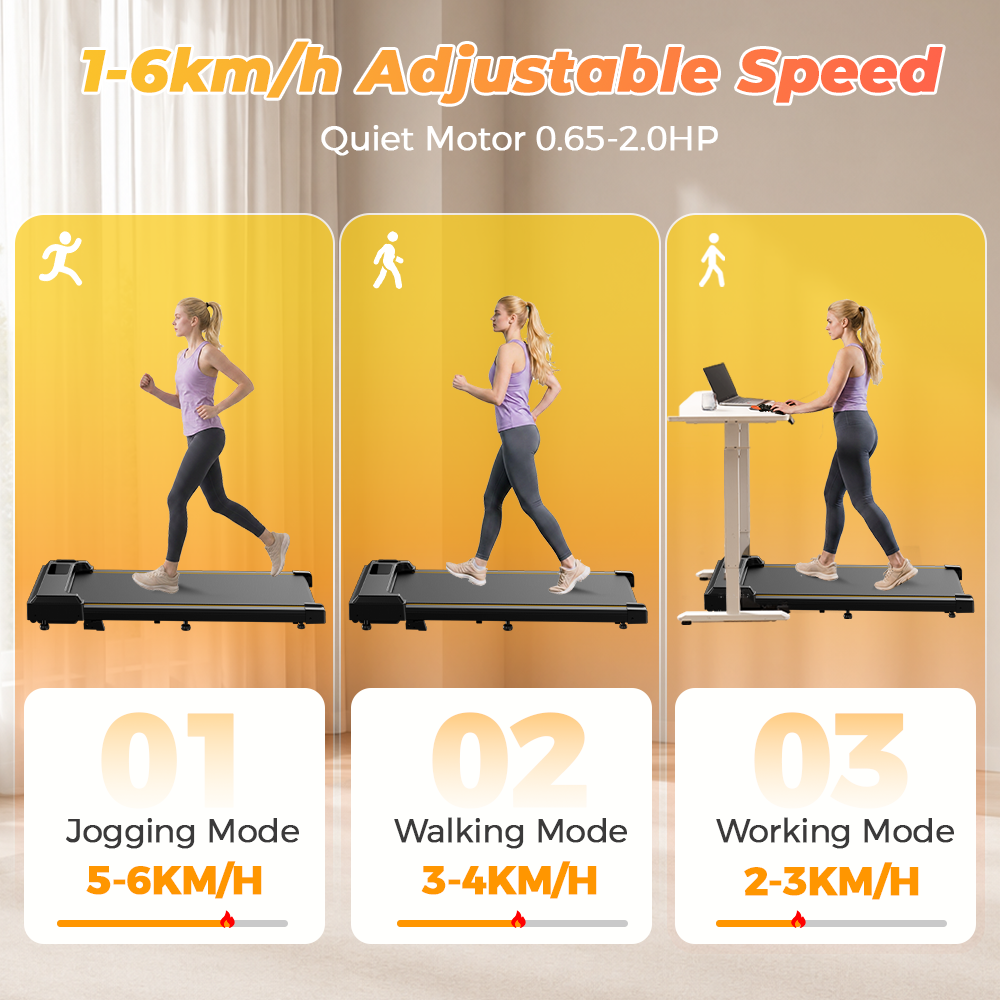 Donna corre, cammina e lavora su tapis roulant in 3 modalità. Velocità 5-6, 3-4, 2-3 km/h.