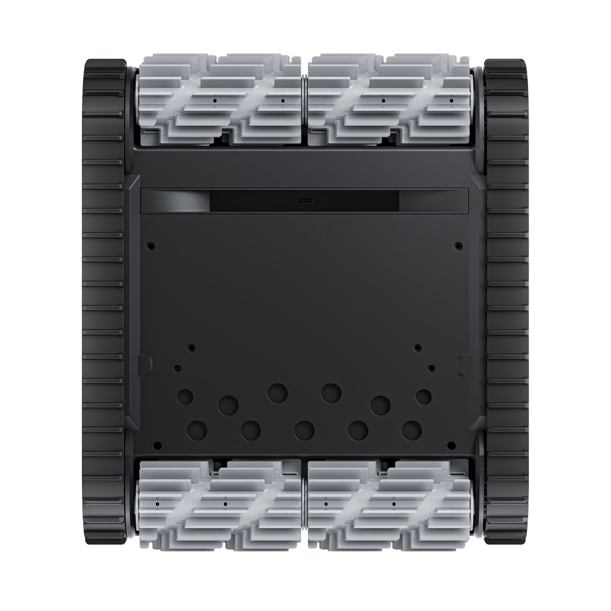Parte inferior de un robot de limpieza negro con cuatro orugas y cepillos grises.