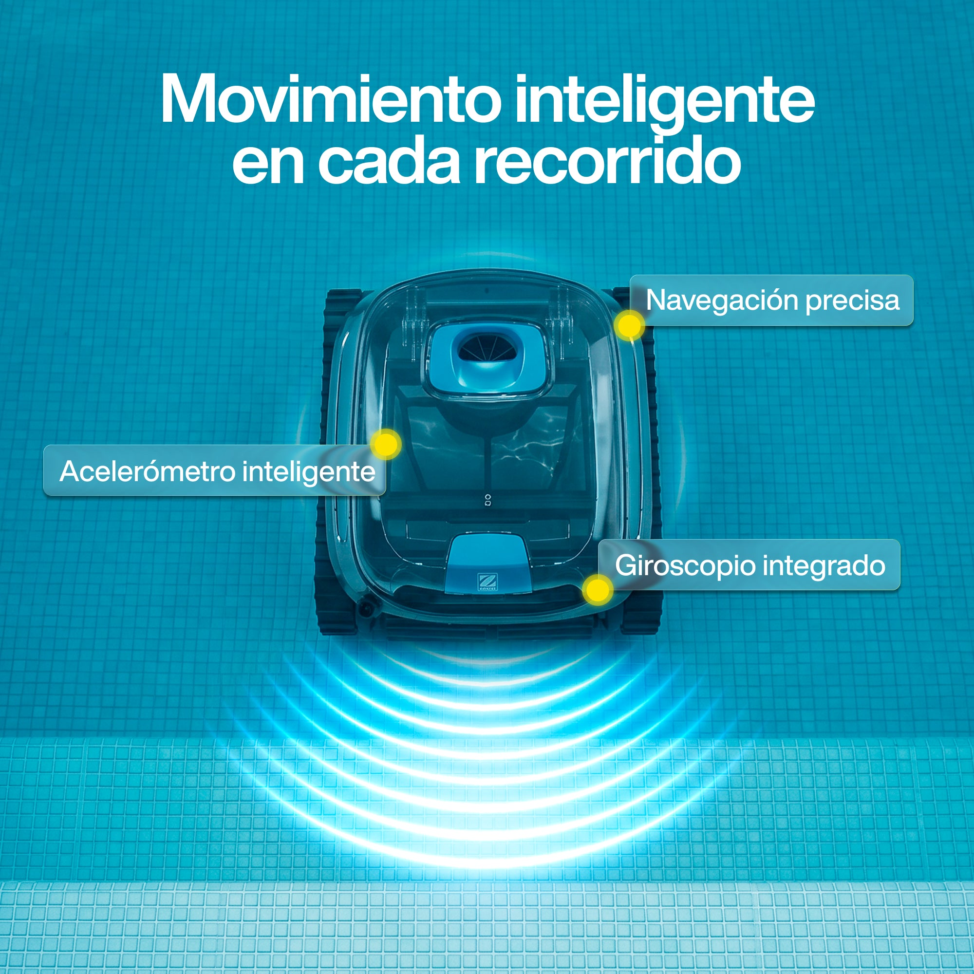 Un robot de piscina con sensores y etiquetas de texto sobre fondo de baldosas azules.