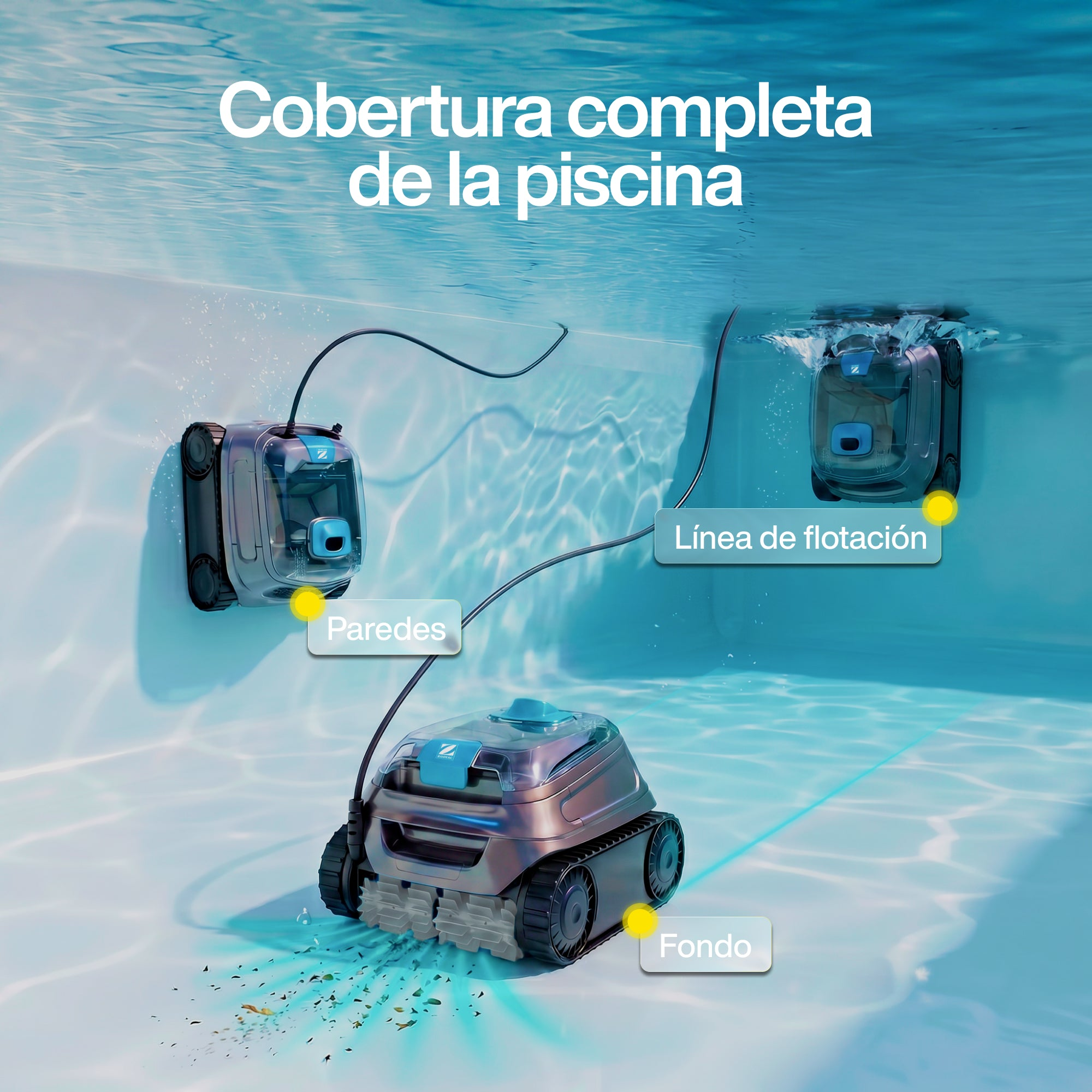 Tres limpiafondos en una piscina: uno en el suelo, uno en la pared, uno en la superficie.