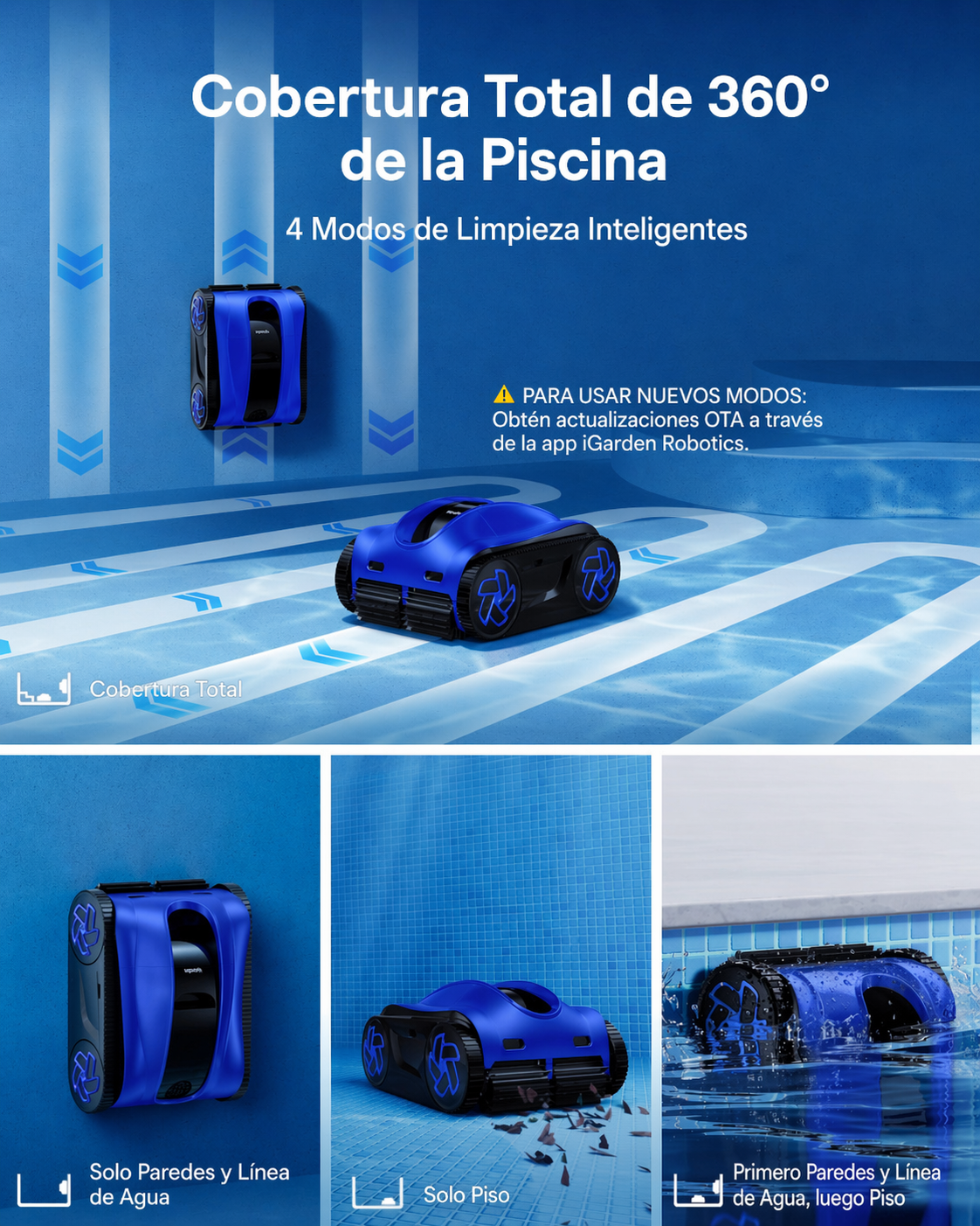 Robot azul para piscina sobre fondo azul con gotas de agua.