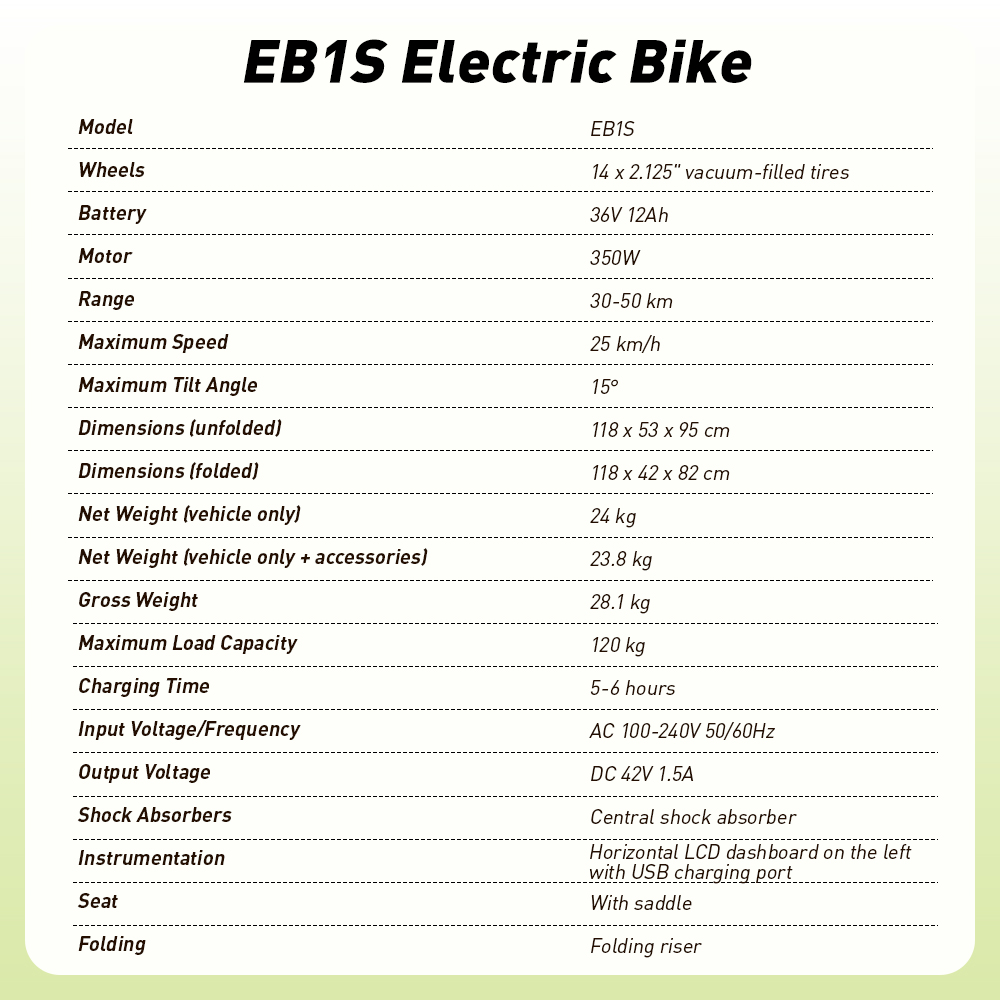 Bicicletta elettrica EB1S: batteria 36V 12Ah, motore 350W, peso netto 24kg.
