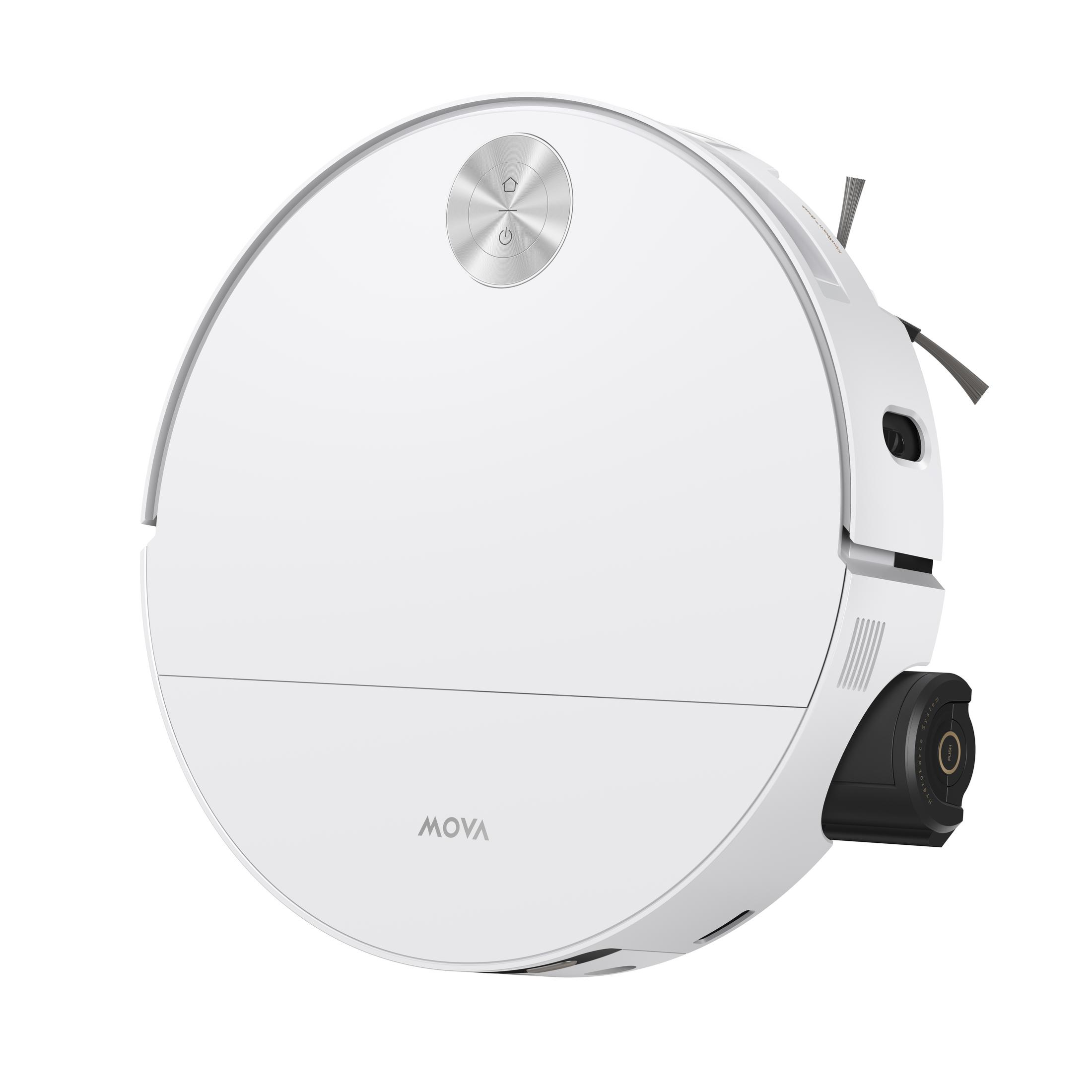 Un robot aspirador blanco con botones de control plateados y un cepillo lateral.