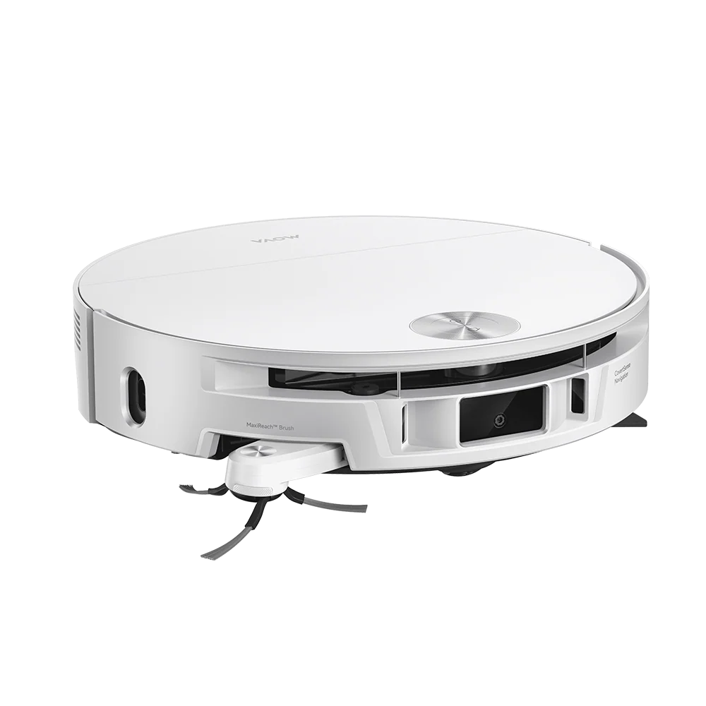 Se muestra un robot aspirador blanco con cuerpo redondo y cepillos laterales.