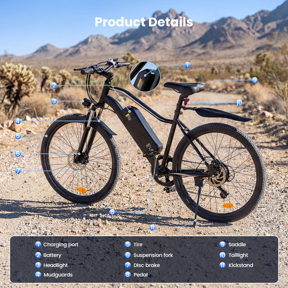 Una e-bike nera è parcheggiata in un paesaggio desertico con montagne.