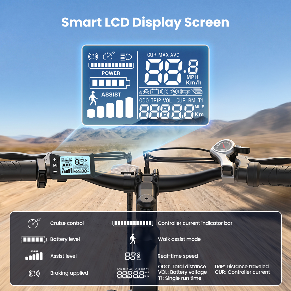 Display del manubrio e-bike che mostra velocità, batteria, livello di assistenza e dati del viaggio.