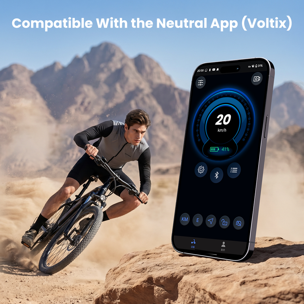 Uomo in bici su terreno roccioso, telefono mostra app con 20 km/h.