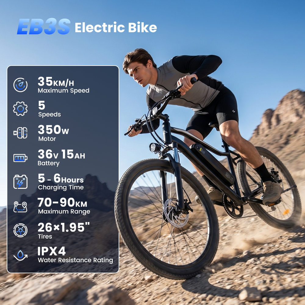 Un uomo guida una bicicletta elettrica EB3S nera su terreno roccioso di giorno.