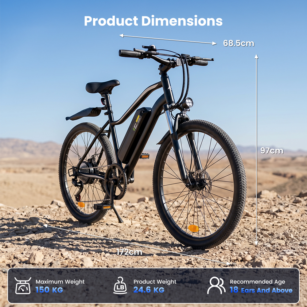 Una bici elettrica nera all'aperto. Dimensioni: 172x68,5x97cm. Peso max 150kg.