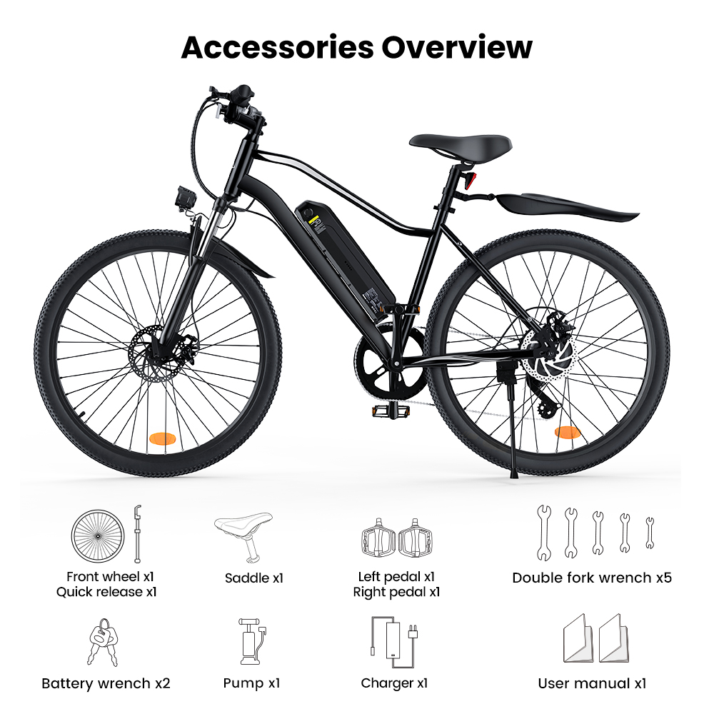 Bicicletta elettrica nera con accessori: ruote, sella, pedali, chiavi, pompa, caricatore, manuale.