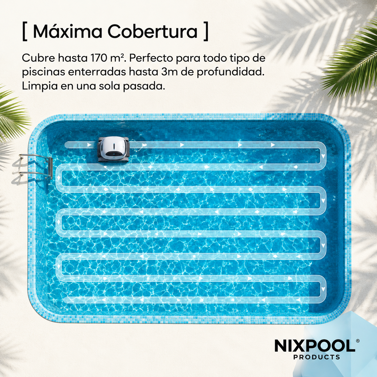 Un limpiador de piscinas se mueve en un patrón serpenteante por una piscina.