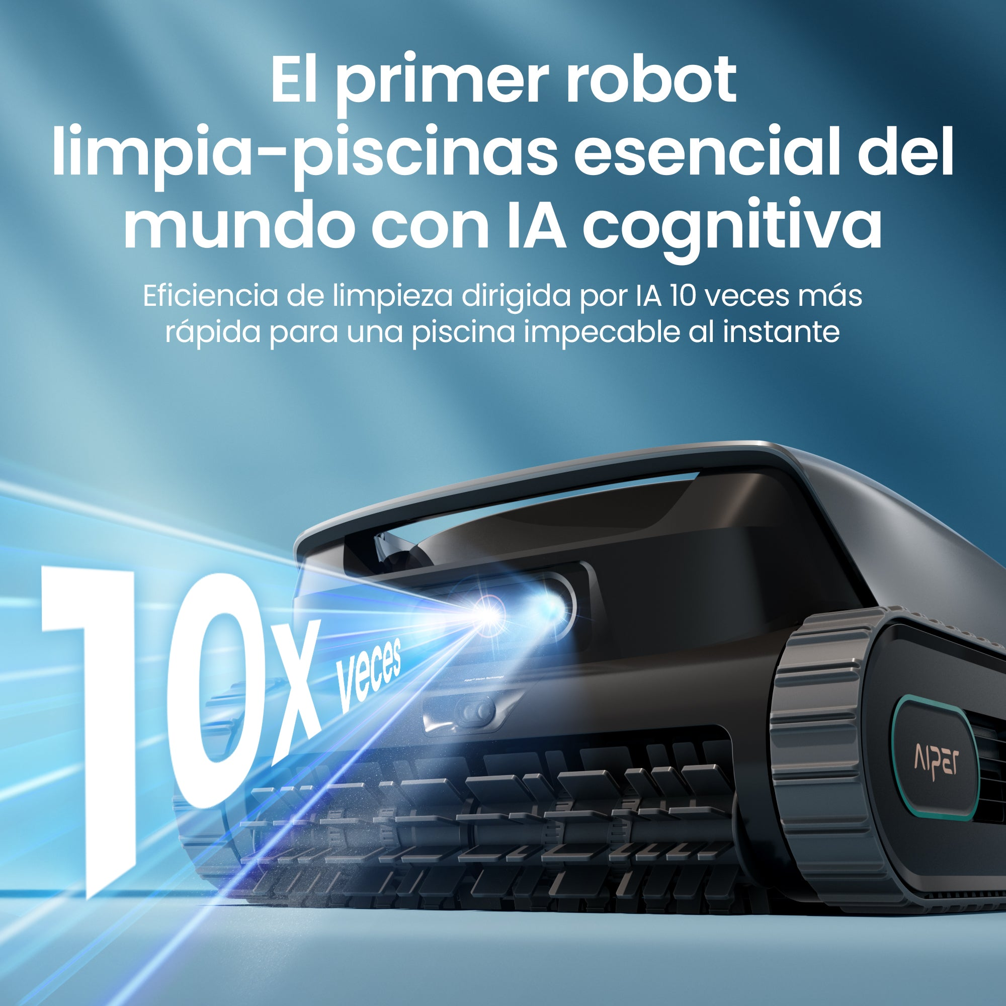 Un robot negro limpiador de piscinas con texto "10x" y rayos de luz.