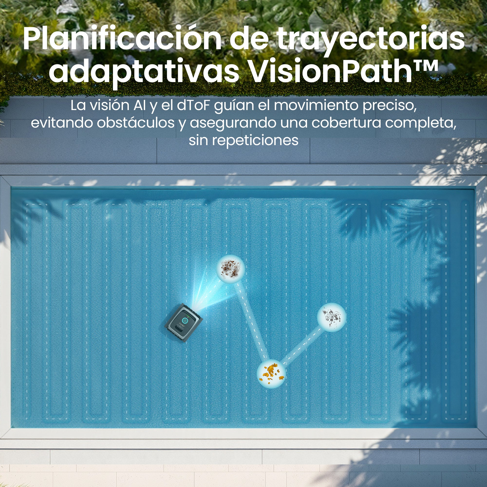 Un limpiador de piscina navega por una piscina con caminos marcados, recogiendo escombros.