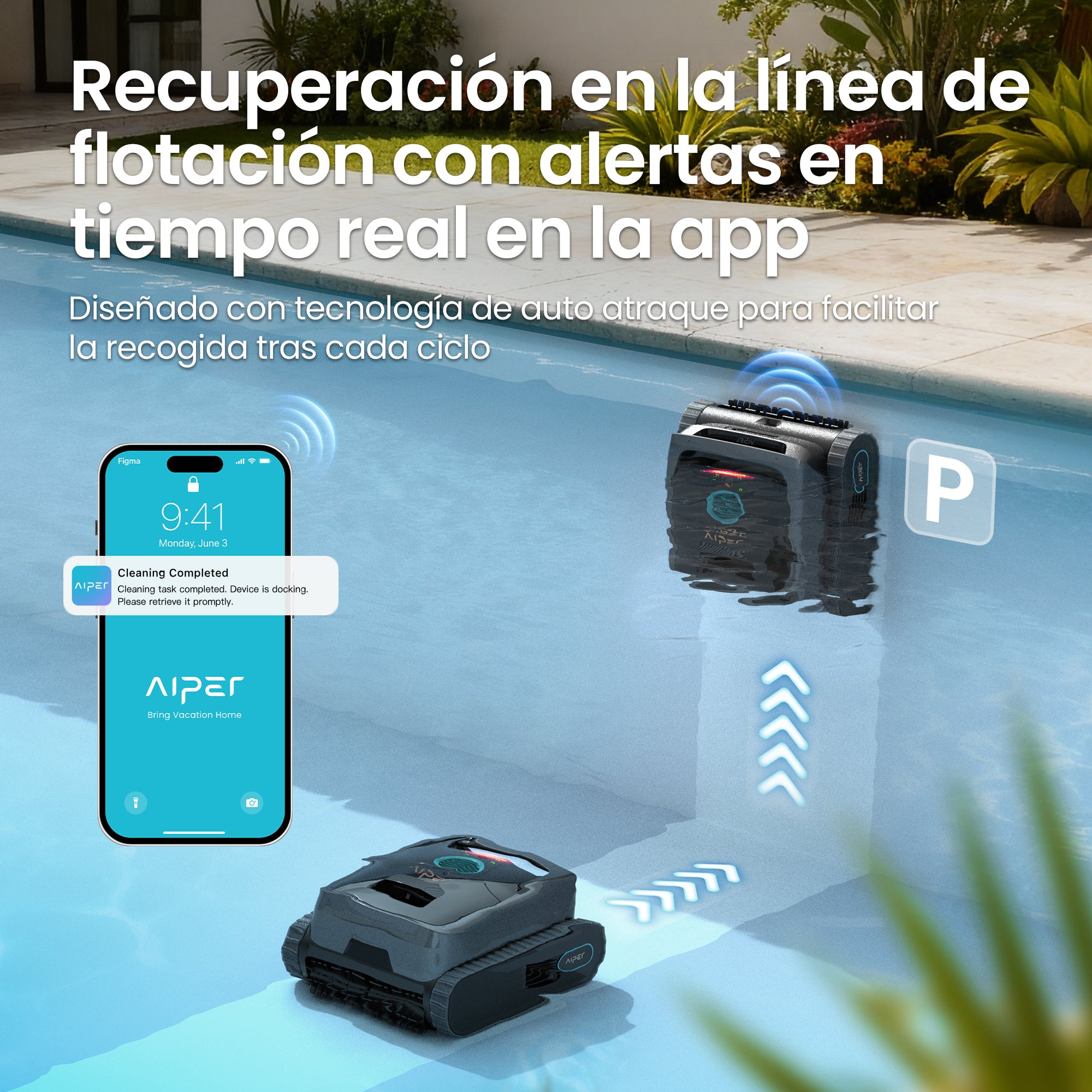 Un robot de piscina nada en una piscina, una app muestra 