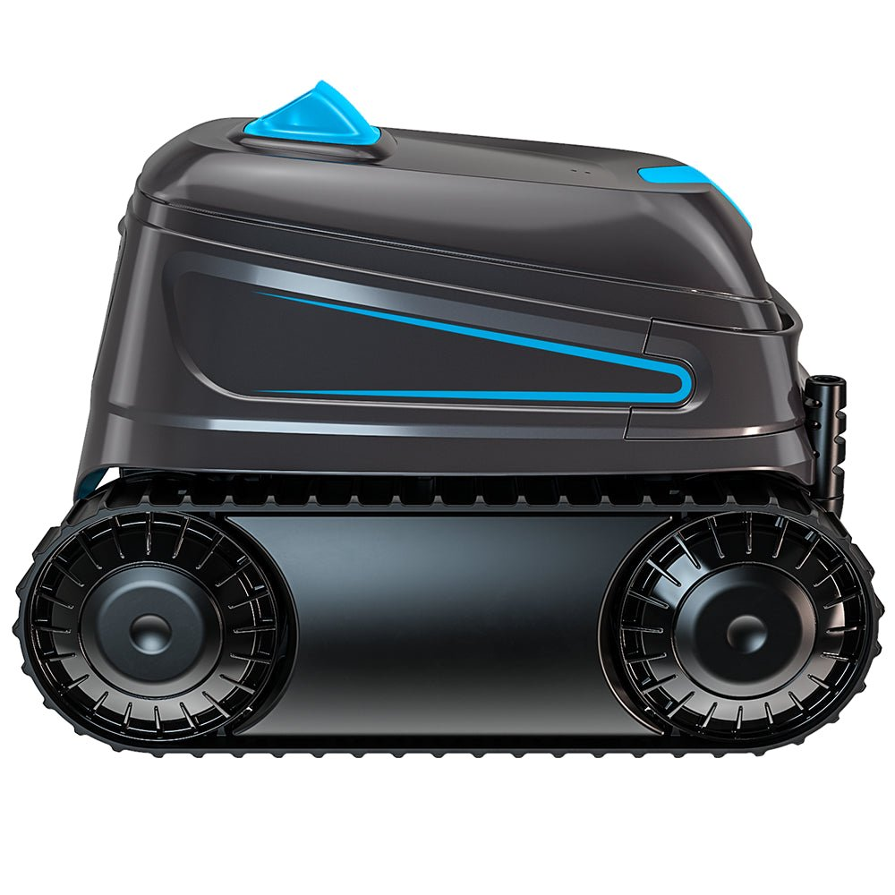 Un robot gris con detalles azules y orugas.