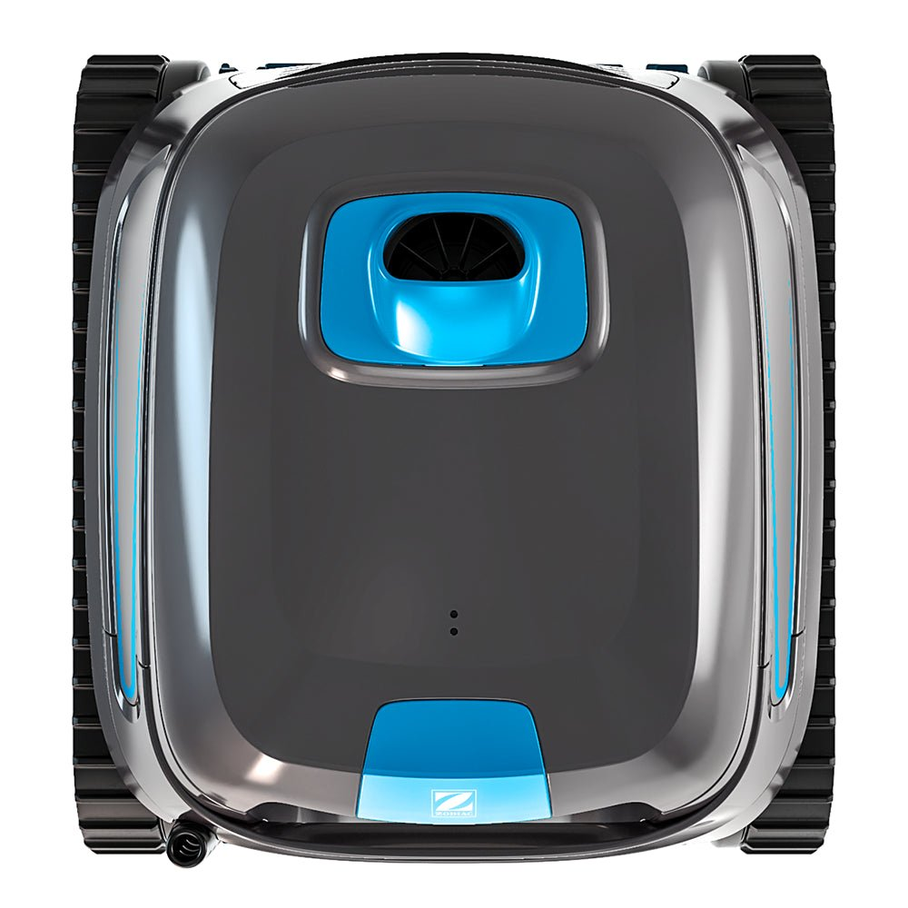 Un robot de piscina gris con detalles azules y orugas negras, visto desde arriba.