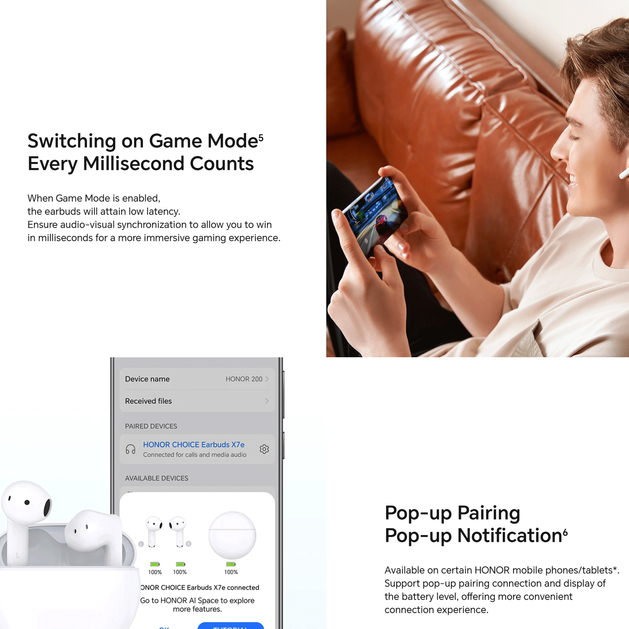 Mann spielt auf Handy, HONOR Earbuds in Ohren, Sofa im Hintergrund.