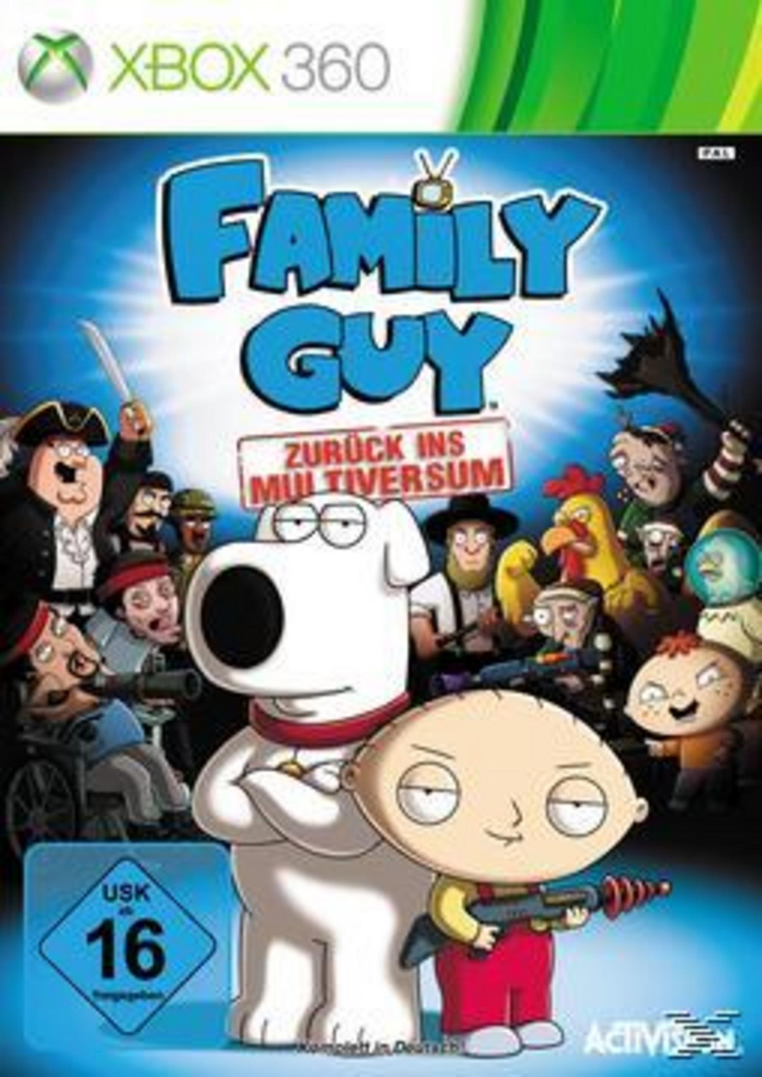 Family Guy Spiel für Xbox 360 mit Stewie und Brian im Vordergrund.