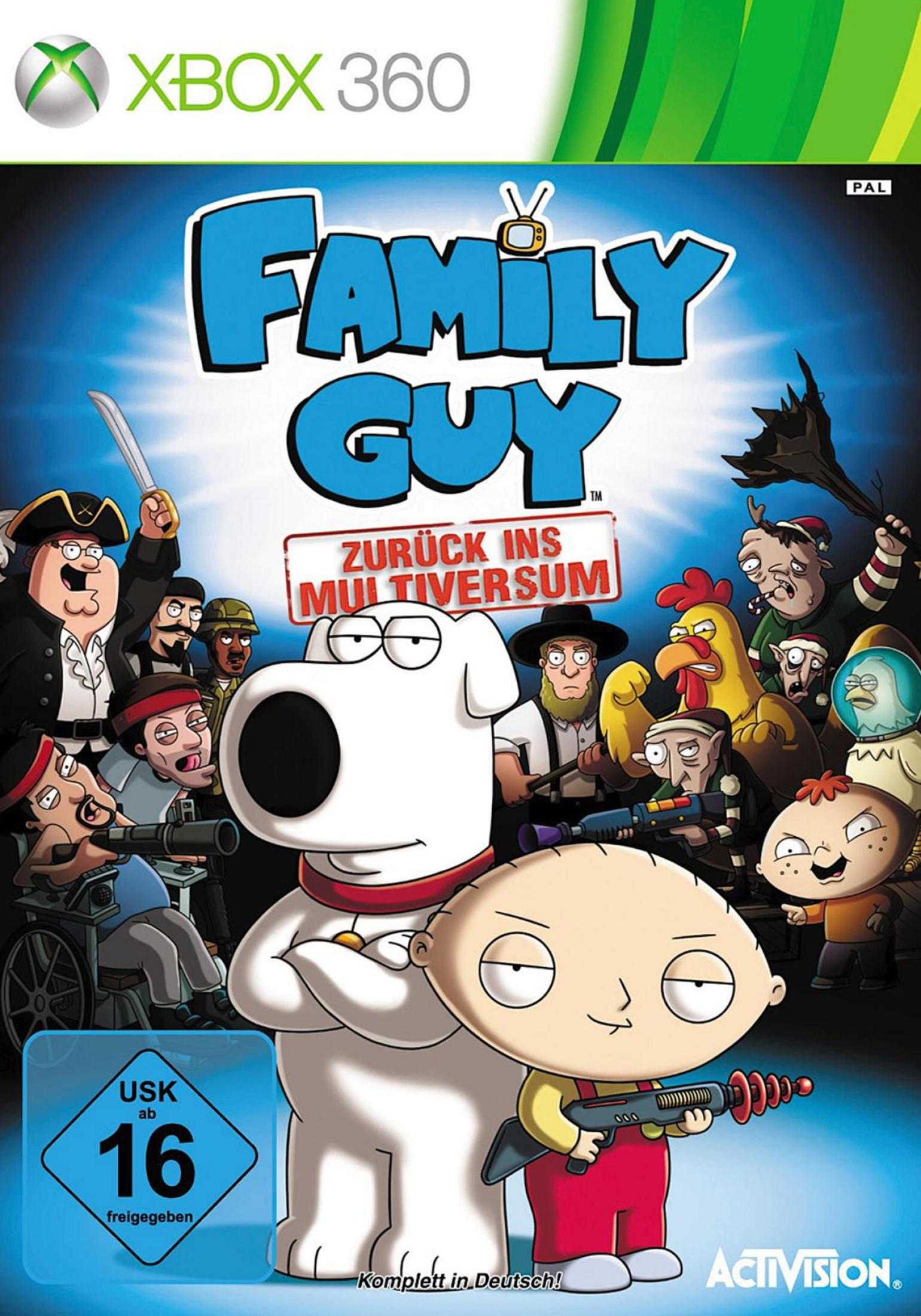 Family Guy: Zurück ins Multiversum Xbox 360 Cover mit Charakteren.
