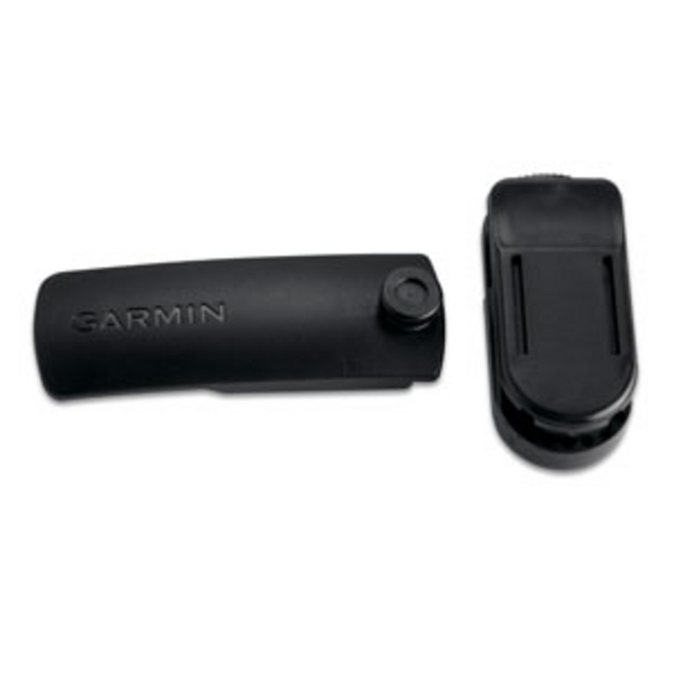 Zwei schwarze Garmin-Zubehörteile: ein Riemen und eine Halterung.
