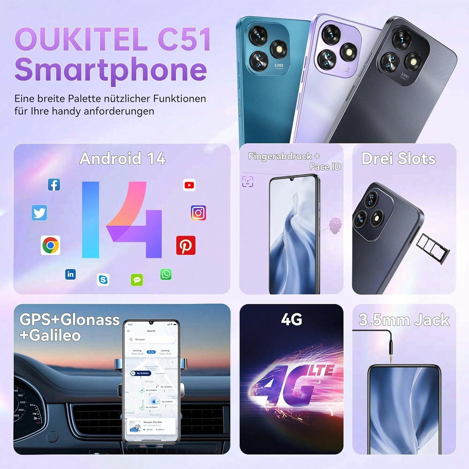 Smartphone OUKITEL C51 con Android 14, huella dactilar, Face ID, triple ranura, 4G y jack de 3,5 mm.