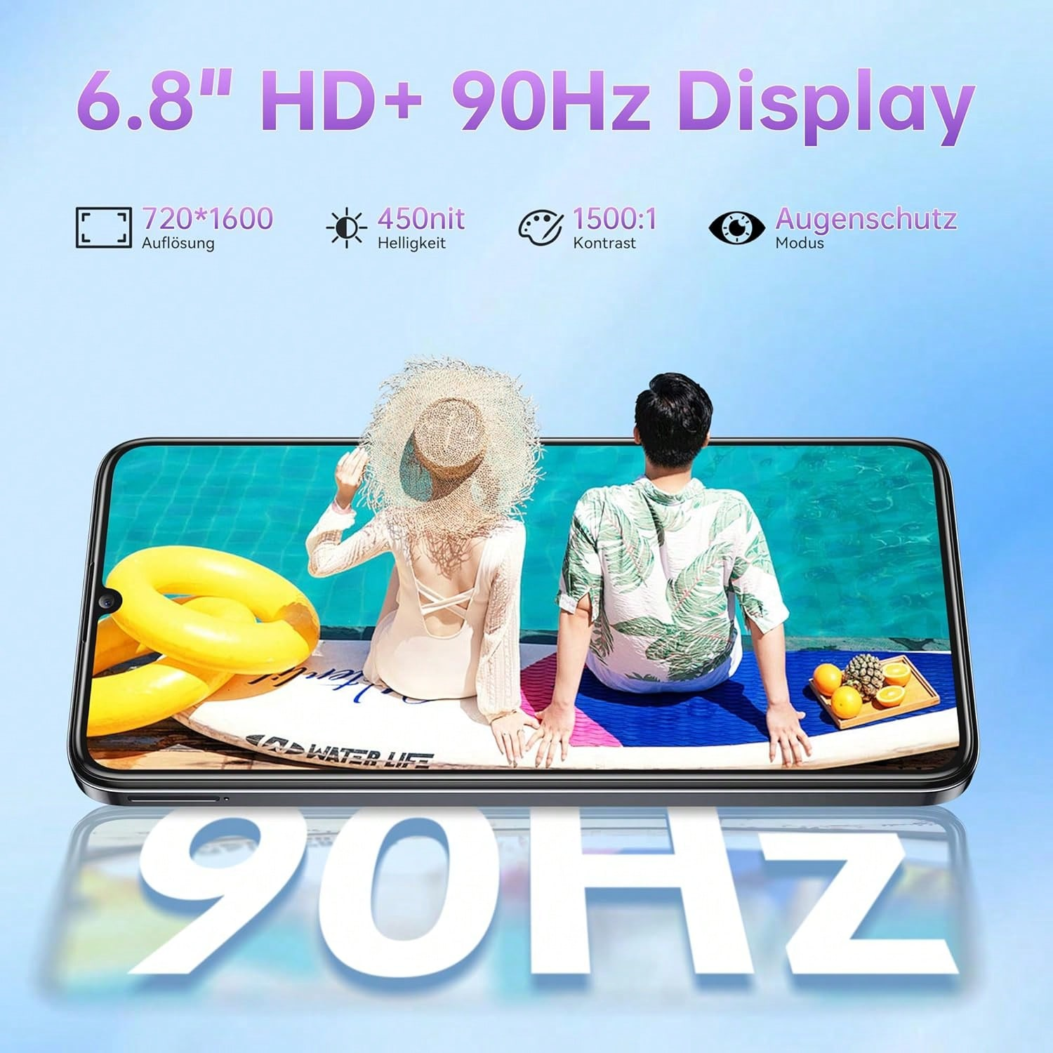 Un smartphone muestra una pareja junto a una piscina. Pantalla HD+ de 6,8" y 90Hz.