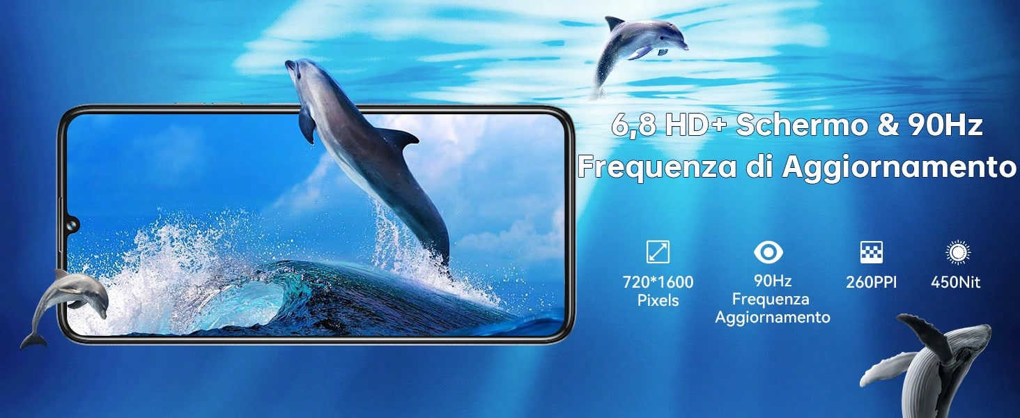Un smartphone muestra delfines saltando del agua, con especificaciones técnicas.