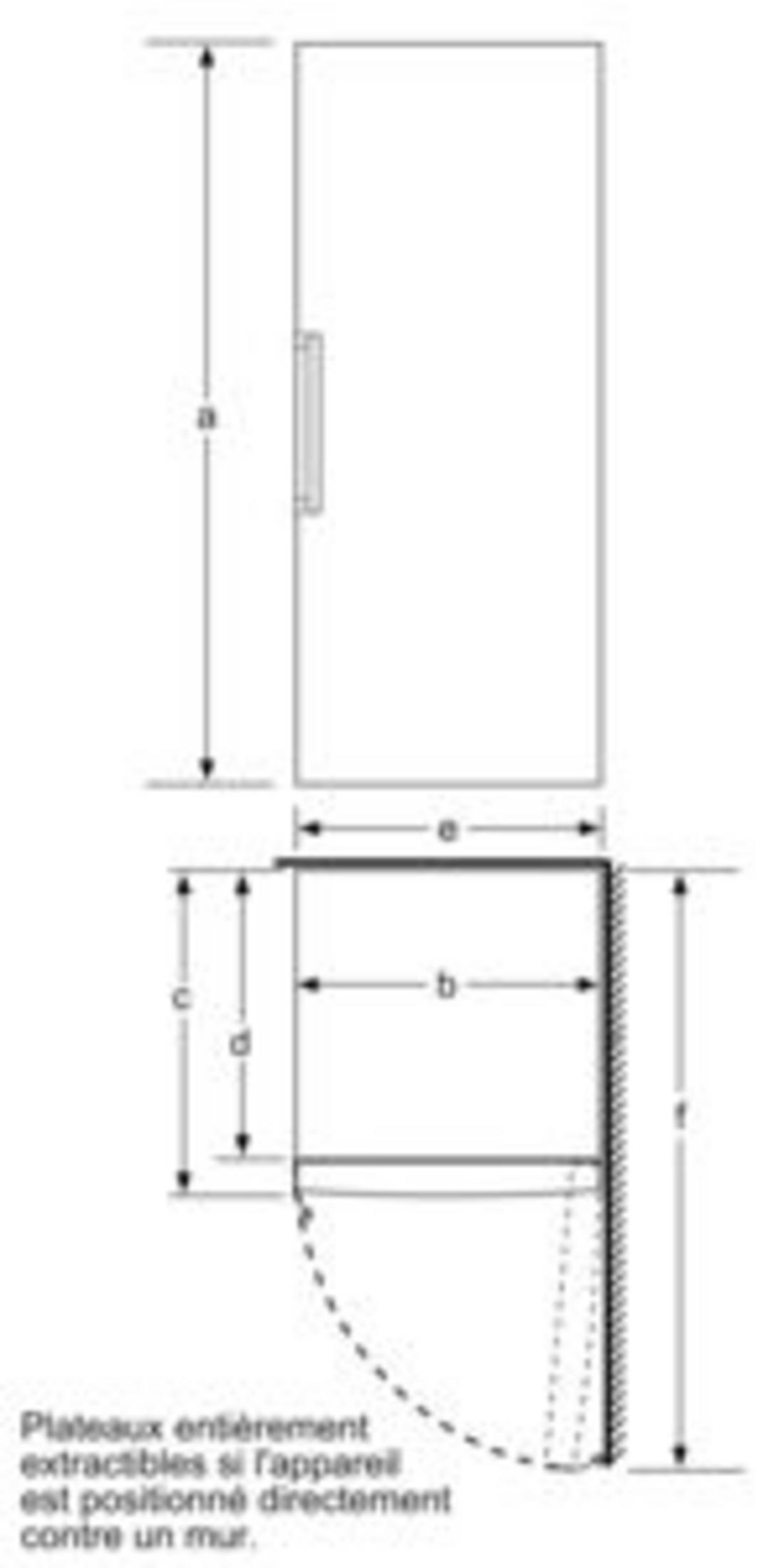 Dessin technique d'un réfrigérateur avec dimensions a, b, c, d, e, f.