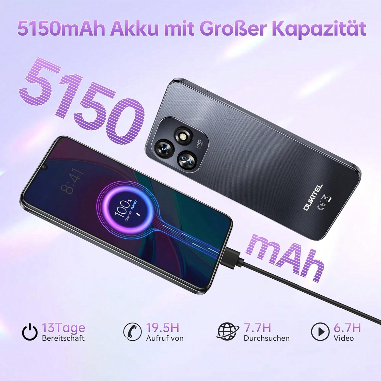 Un smartphone con batería de 5150mAh, cargado al 100%. Muestra 13 días en espera, 19.5h llamadas, 7.7h navegación, 6.7h video.