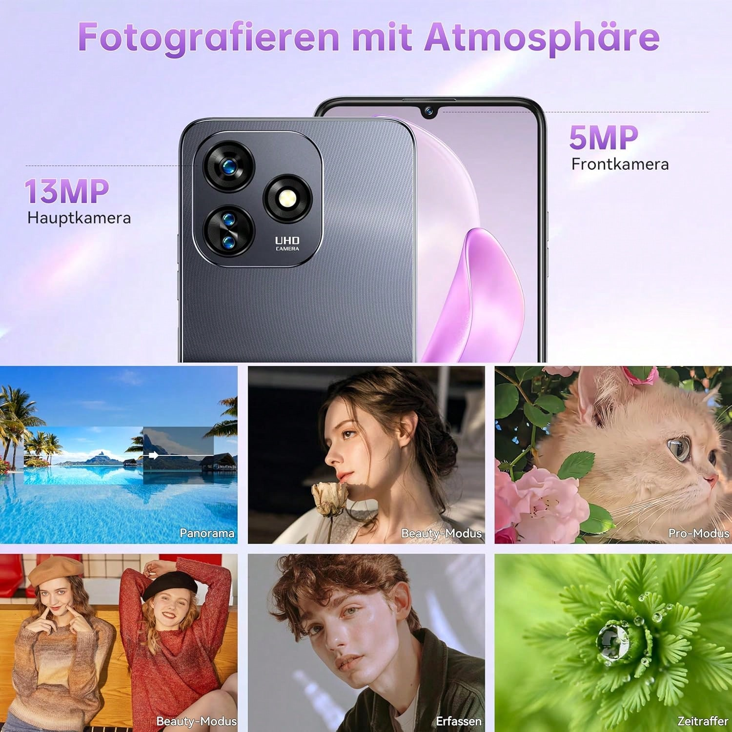 Anuncio de smartphone muestra cámaras y fotos de ejemplo: piscina, mujer, gato, amigos, hombre, planta.