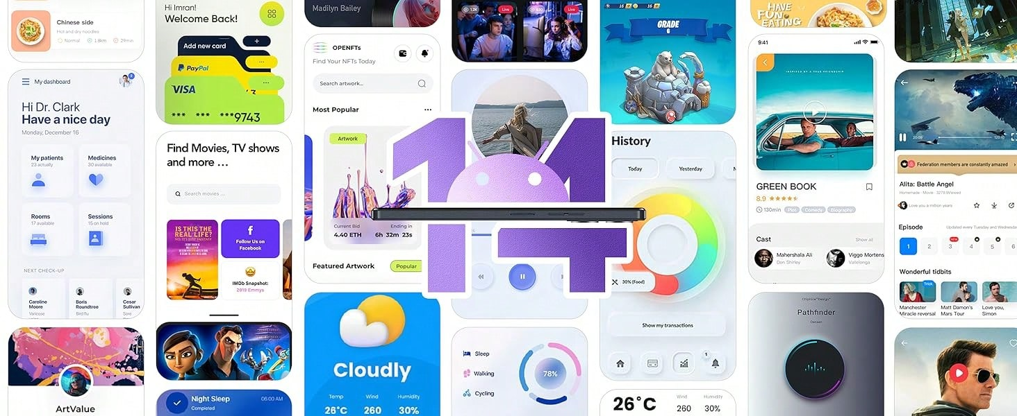 Collage de varias pantallas de aplicaciones: medicina, películas, NFTs, clima, juegos y más.