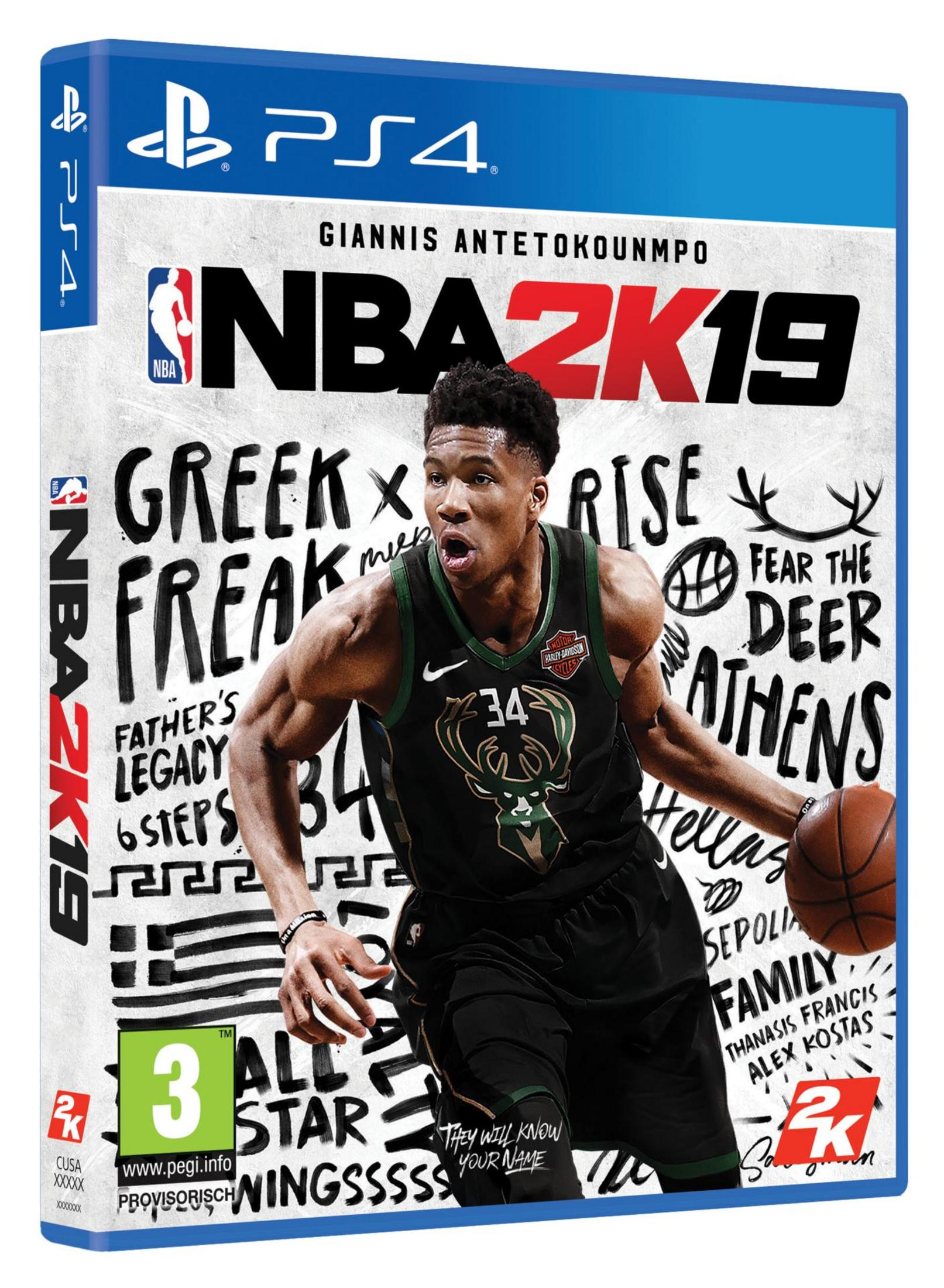 NBA 2K19 PS4-Hülle mit Giannis Antetokounmpo, der einen Basketball hält.