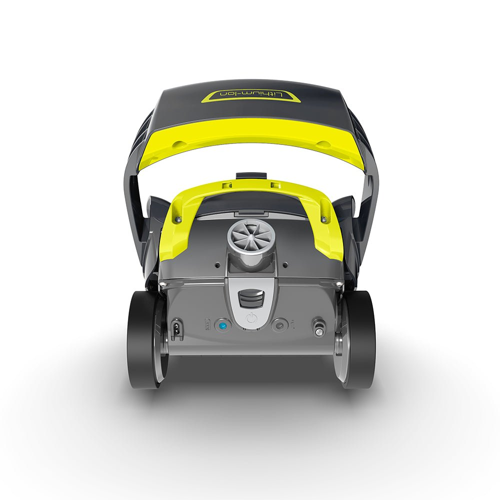 Un robot de piscina gris y amarillo con texto 'Lithium-Ion', visto desde atrás.
