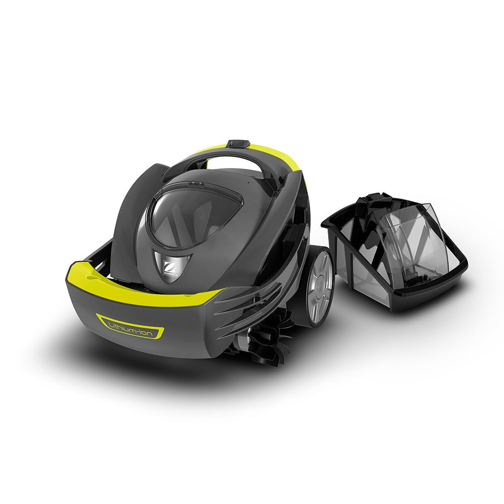 Un robot aspirador gris y amarillo con un depósito de polvo desmontable.