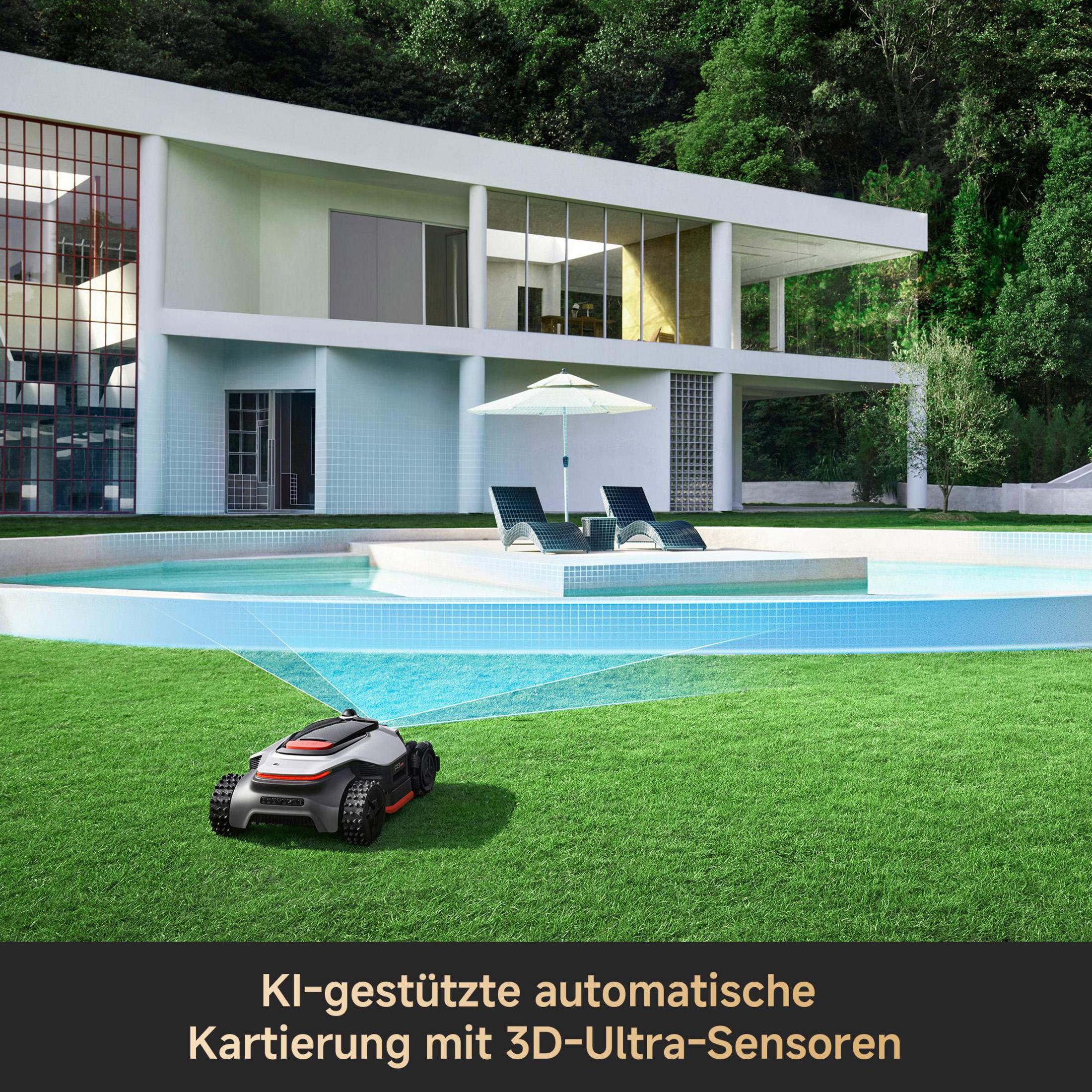 Un robot cortacésped mapea un césped frente a una casa moderna con piscina.