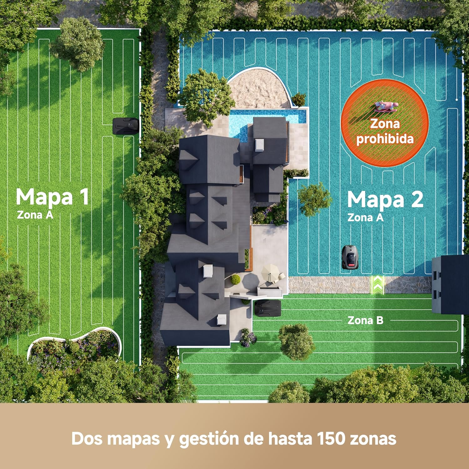 Vista aérea de una villa con cortacéspedes robot, piscina y dos zonas mapeadas.