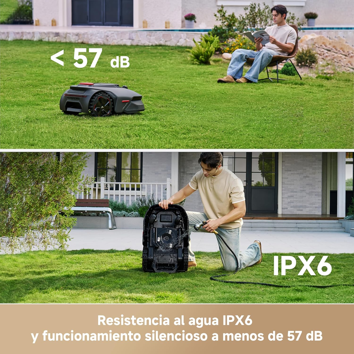 Un robot cortacésped es silencioso (<lt/> 57 dB) e impermeable (IPX6).