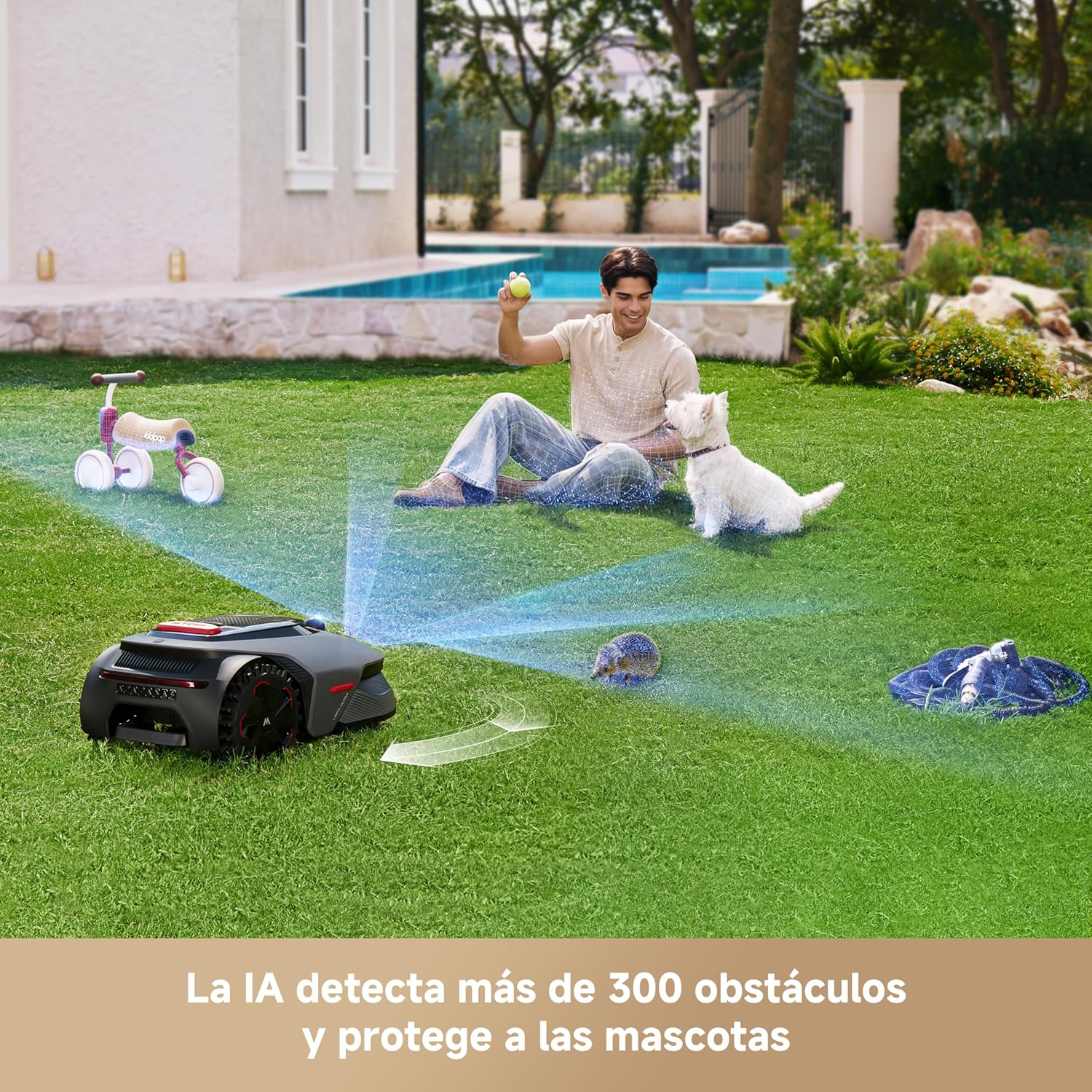 Un robot cortacésped detecta un perro, una bicicleta infantil y un erizo en el césped.