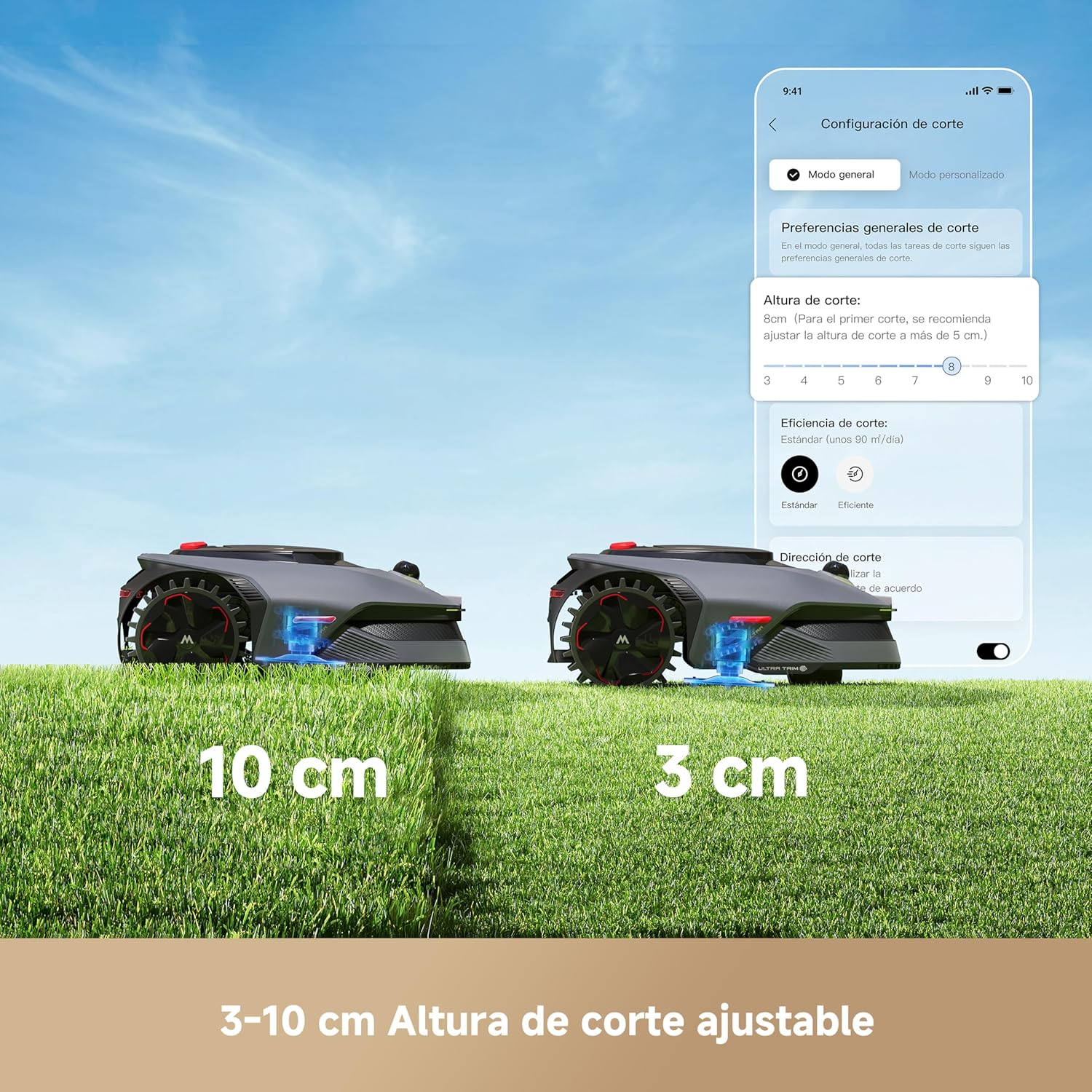 Dos robots cortacésped en césped; uno muestra 10cm, el otro 3cm.