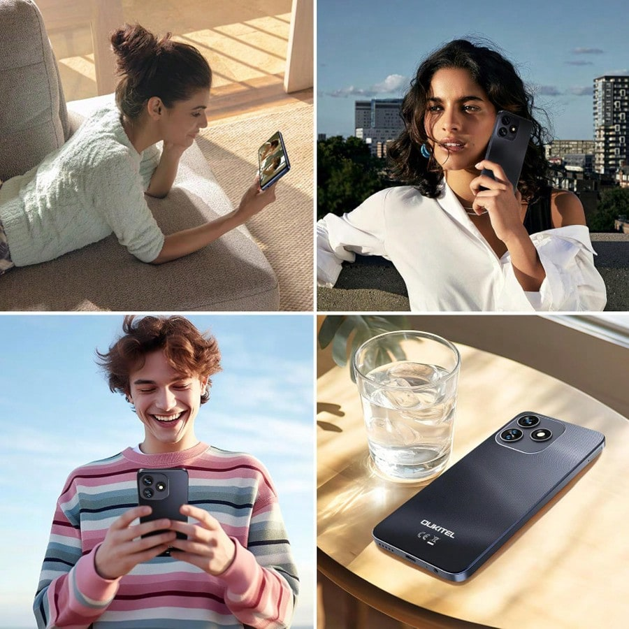Cuatro escenas con smartphones: Mujer en sofá, mujer al teléfono, hombre riendo, móvil en mesa.