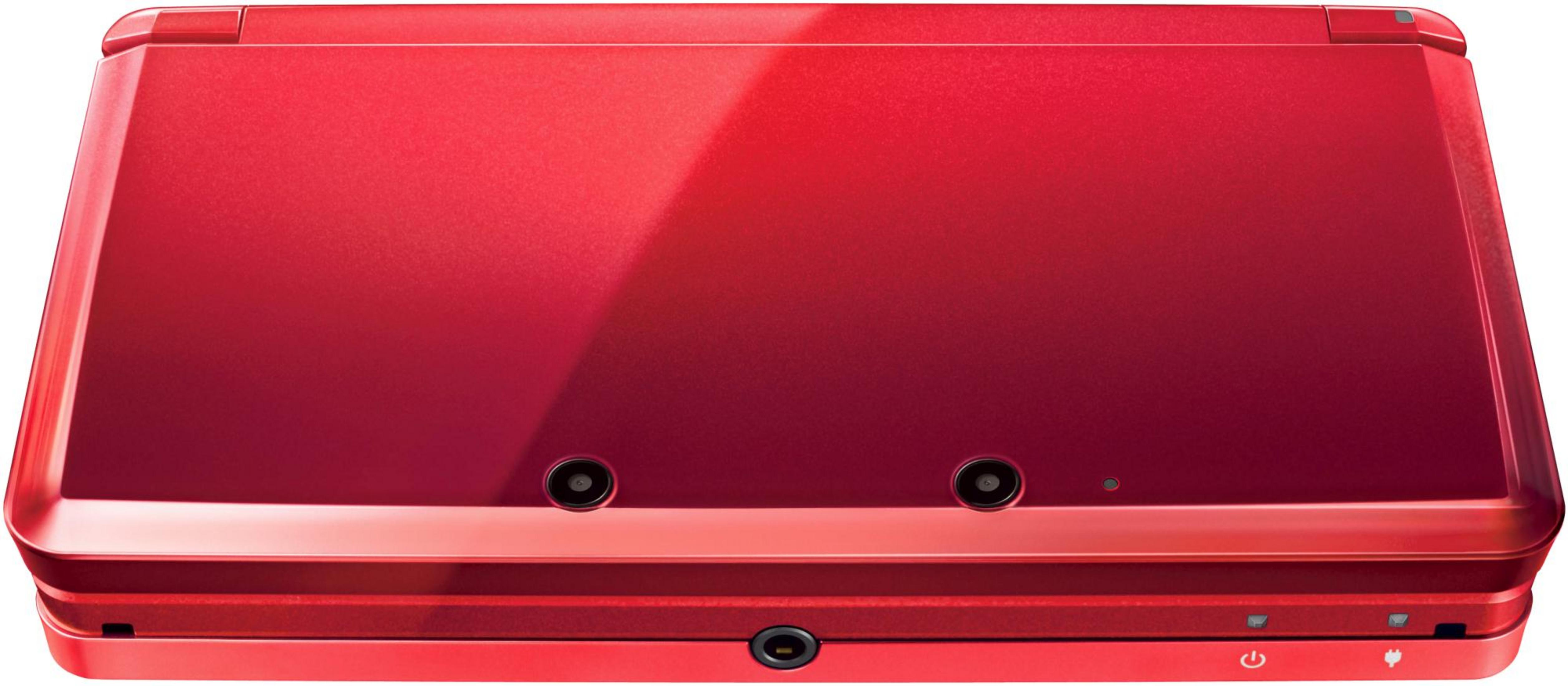 Nintendo 3DS XL rosso chiuso, mostra fotocamere e pulsante di accensione.